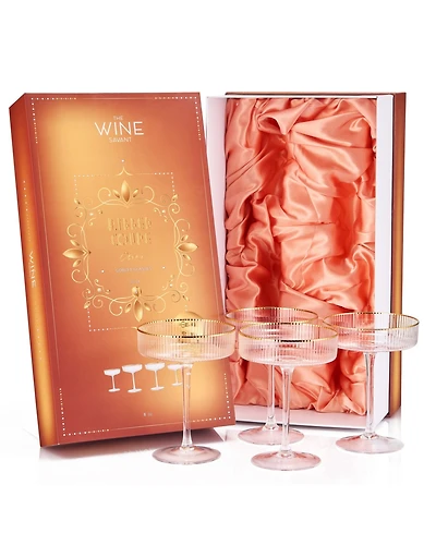 The Wine Savant Ribbed Art Deco Gilded Crystal Martini & Champagne Coupe Glasses, Set of 4