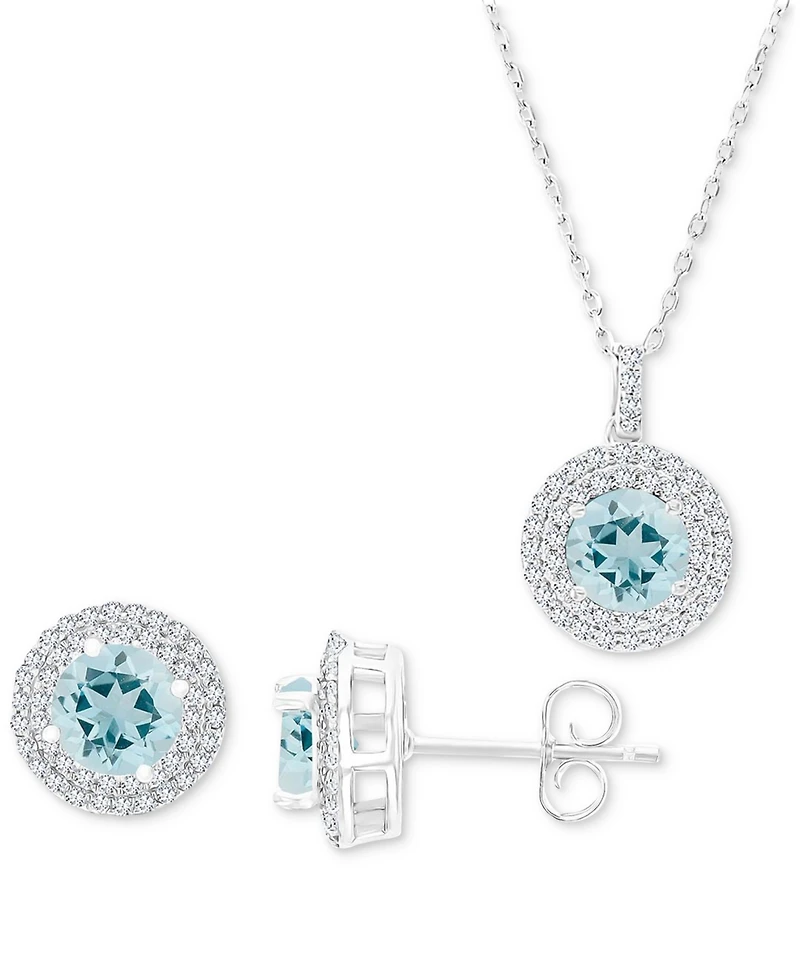 2-Pc. Set Aquamarine (3-1/10 ct. t.w.) & Lab-Grown White Sapphire (7/8 ct. t.w.) Halo Pendant Necklace & Matching Stud Earrings in Sterling Silver
