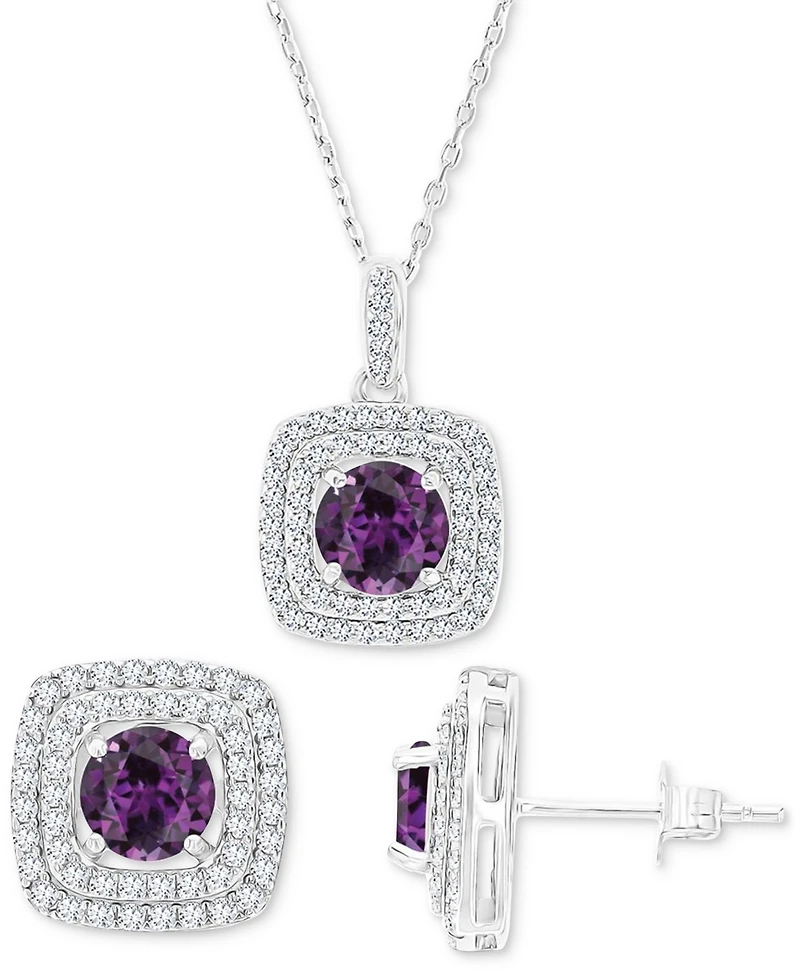 2-Pc. Set Lab-Grown Alexandrite (4-1/10 ct. t.w.) & Lab-Grown White Sapphire (7/8 ct. t.w.) Square Halo Pendant Necklace & Matching Stud Earrings in S