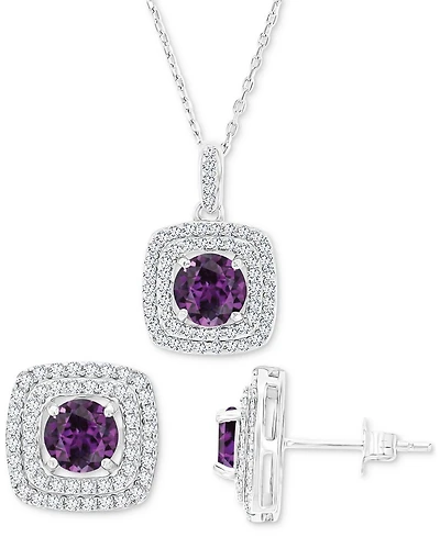 2-Pc. Set Lab-Grown Alexandrite (4-1/10 ct. t.w.) & Lab-Grown White Sapphire (7/8 ct. t.w.) Square Halo Pendant Necklace & Matching Stud Earrings in S