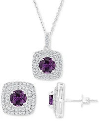 2-Pc. Set Lab-Grown Alexandrite (4-1/10 ct. t.w.) & Lab-Grown White Sapphire (7/8 ct. t.w.) Square Halo Pendant Necklace & Matching Stud Earrings in S