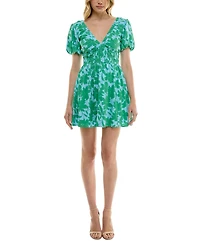 Trixxi Juniors' Floral-Print Ruched-Waist Puff-Sleeve Dress