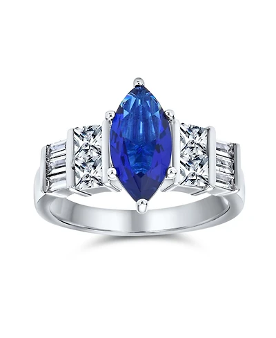 Bling Jewelry Art Deco Style 3CT Cubic Zirconia Cz Pave Royal Blue Marquise Solitaire Promise Ring Sterling Silver