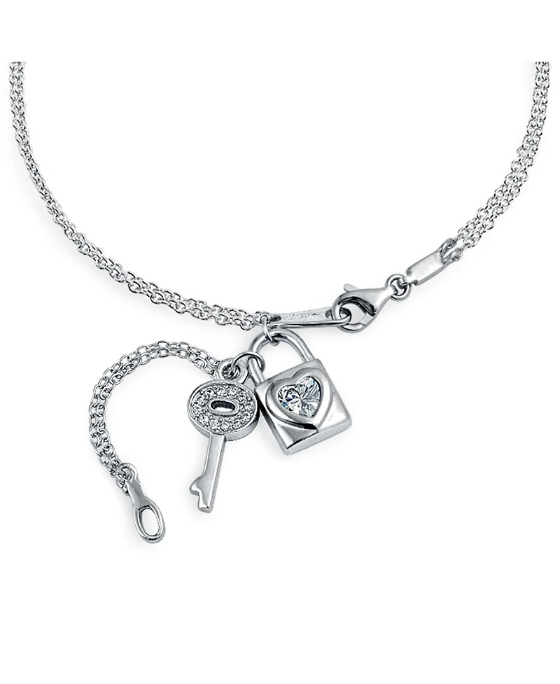 Bling Jewelry Cz Accent Heart Dangle Charm Lock Key Anklet Double Chain Ankle Bracelet Sterling Silver Adjustable 9 To 10 Inch With Extender