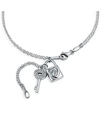 Bling Jewelry Cz Accent Heart Dangle Charm Lock Key Anklet Double Chain Ankle Bracelet Sterling Silver Adjustable 9 To 10 Inch With Extender
