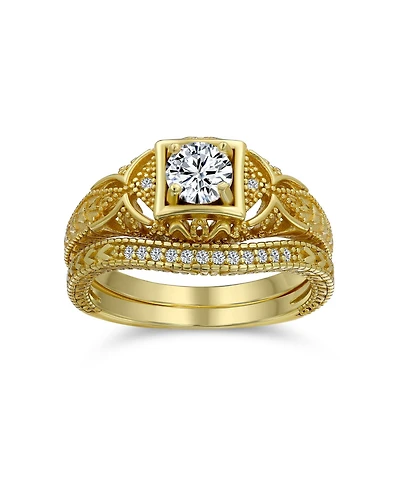 Bling Jewelry Deco Style Milgrain 1CTW Cubic Zirconia Promise Ring Set Sterling Silver