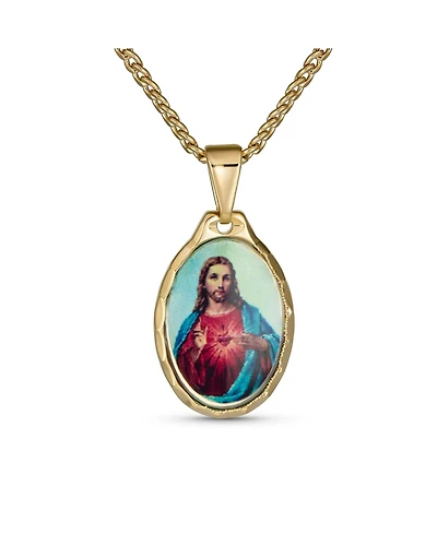 Bling Jewelry Oval Religious Medal Medallion Sacred Heart Of Jesus Photo Pendant Necklace Yellow Gold Plated
