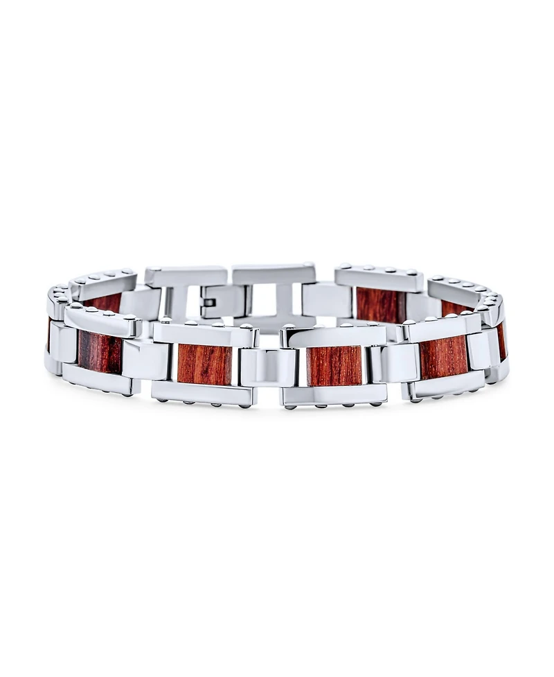 Bling Jewelry Brown Wood and Stainless Steel Bracelet with Strong Rectangle Link 8 Inch Length