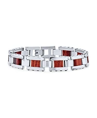 Bling Jewelry Brown Wood and Stainless Steel Bracelet with Strong Rectangle Link 8 Inch Length