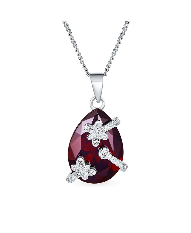 Bling Jewelry Elegant Pave Wrapped Butterfly Accent Ruby Red Big 10 Ctw Faceted Teardrop Necklace Pendant Sterling Silver 1618 Inches Chain