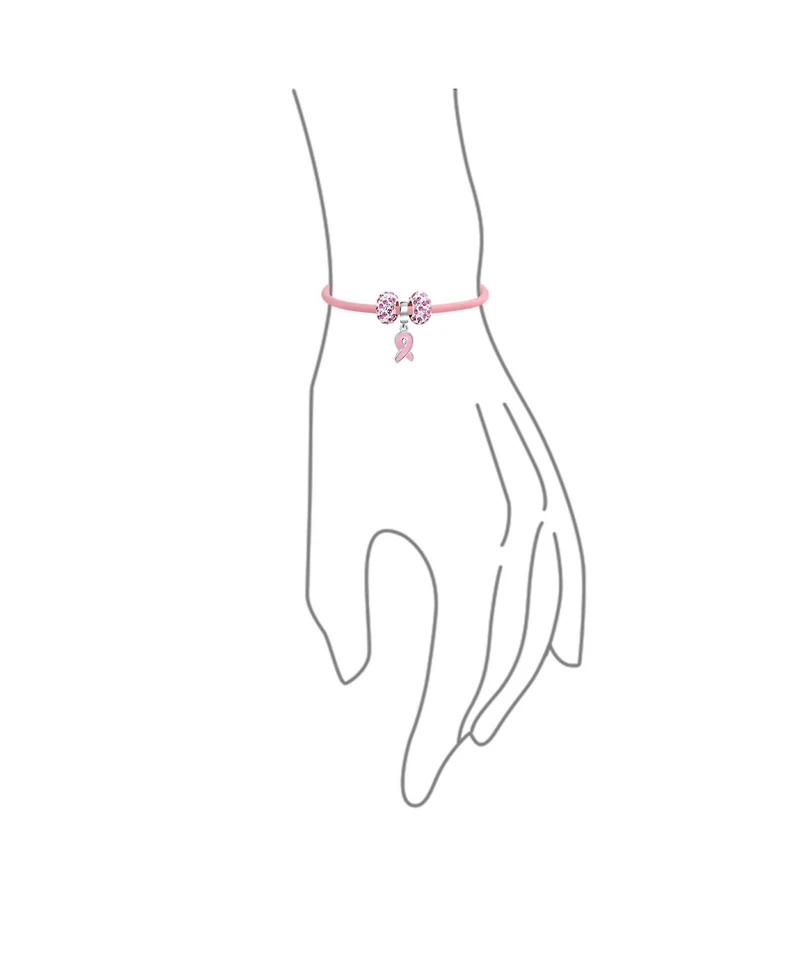 Bling Jewelry Support Breast Cancer Survivor Pink Ribbon Bead Charm Leather Bracelet .925 Silver