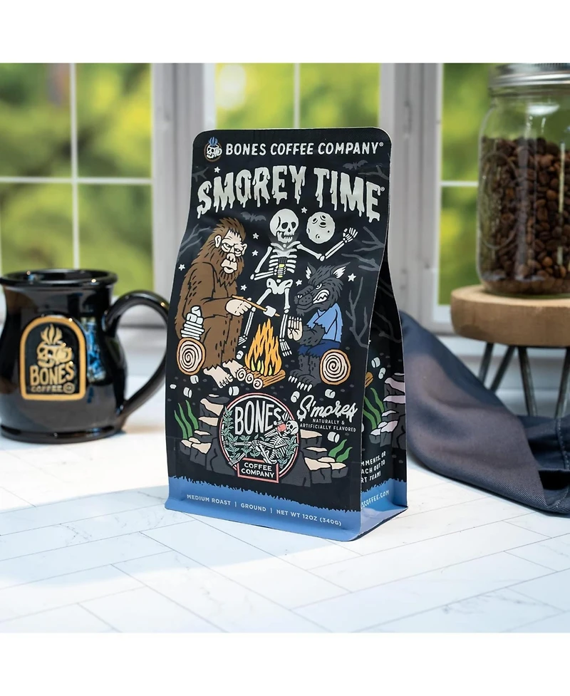 Bones Coffee Whole Bean Coffee | 12 oz Medium Roast Arabica Low Acid Flavored Coffee | S'mores and Graham Crackers Flavor Company