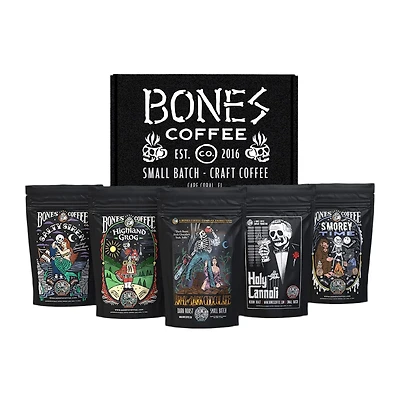 Bones Coffee Company New Flavors! Favorite Flavors Sample Pack | 4 oz Pack of 5 Assorted Ground Coffee Beans | Low Acid Medium Roast Gourmet Coffee Be