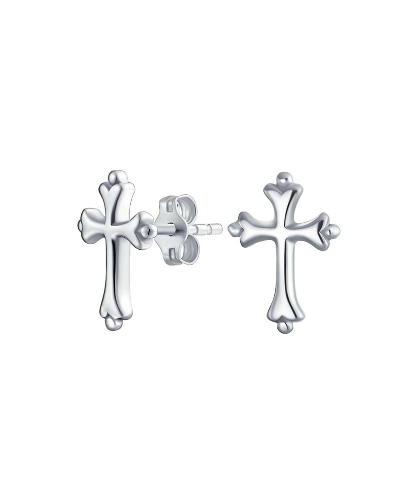 Bling Jewelry Delicate Simple Fleur De Lis Cross Stud Earrings: Minimalist Religious Jewelry Communion Gift Sterling Silver