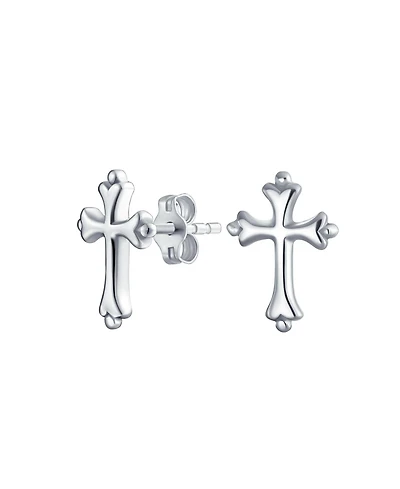 Bling Jewelry Delicate Simple Fleur De Lis Cross Stud Earrings: Minimalist Religious Jewelry Communion Gift Sterling Silver