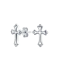 Bling Jewelry Delicate Simple Fleur De Lis Cross Stud Earrings: Minimalist Religious Jewelry Communion Gift Sterling Silver
