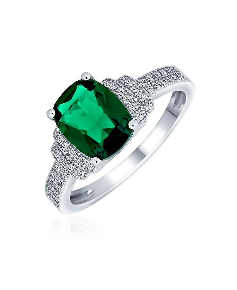Bling Jewelry Art Deco Style 5CT Cubic Zirconia Cocktail Pave Rectangle Green Cz Statement Promise Ring .925 Sterling Silver