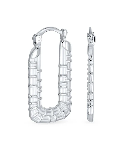 Bling Jewelry Boho Lightweight Large Rectangle Texture Bamboo Hoop Earrings Matte Sterling Silver 1 Inch Diameter