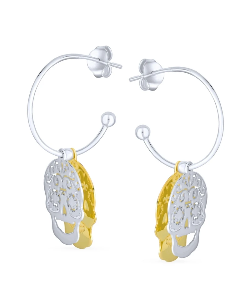 Bling Jewelry Dia de los Muertos Jewelry Caribbean Biker Halloween Pirate Skull Stud Hoop Earrings Two Tone Gold Plated Sterling Silver