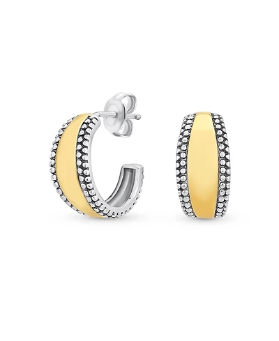 Bling Jewelry Lightweight Dome Round Caviar Bead Edge Two Tone Stud Hoop Earrings Gold Plated Sterling Silver .70 Inch Diameter