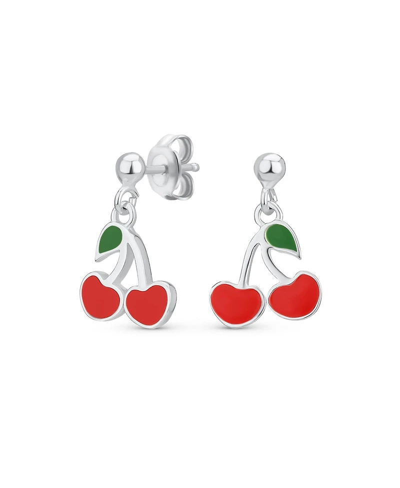 Bling Jewelry Small Summer Food Fruit Red Enamel Cherry Drop Earrings Sterling Silver