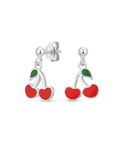 Bling Jewelry Small Summer Food Fruit Red Enamel Cherry Drop Earrings Sterling Silver