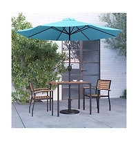 Hampstead Five Piece Faux Teak Patio Dining Set Includes Table, Two Club Chairs, 9' Patio Umbrella And Base