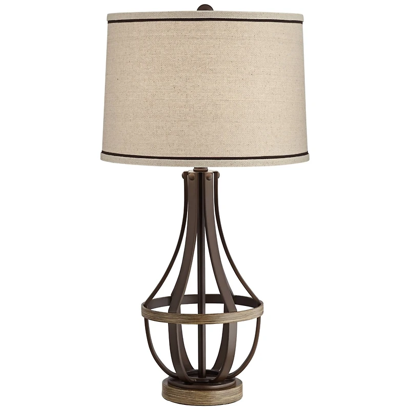 Franklin Iron Works Louanne Industrial Table Lamp 29" Tall Oil Rubbed Bronze Metal Burlap Linen Drum Shade for BBedroom Living Room Bedside Night