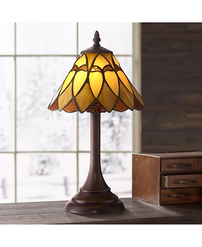 Robert Louis Tiffany Austin Mission Accent Table Lamp 14" High Led Warm Brown Amber Art Glass Shade for Bedroom Bedside Nightstand Office House H