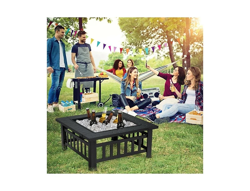 32 Inch 3 in 1 Outdoor Square Fire Pit Table with Bbq Grill and Rain Cover for Camping