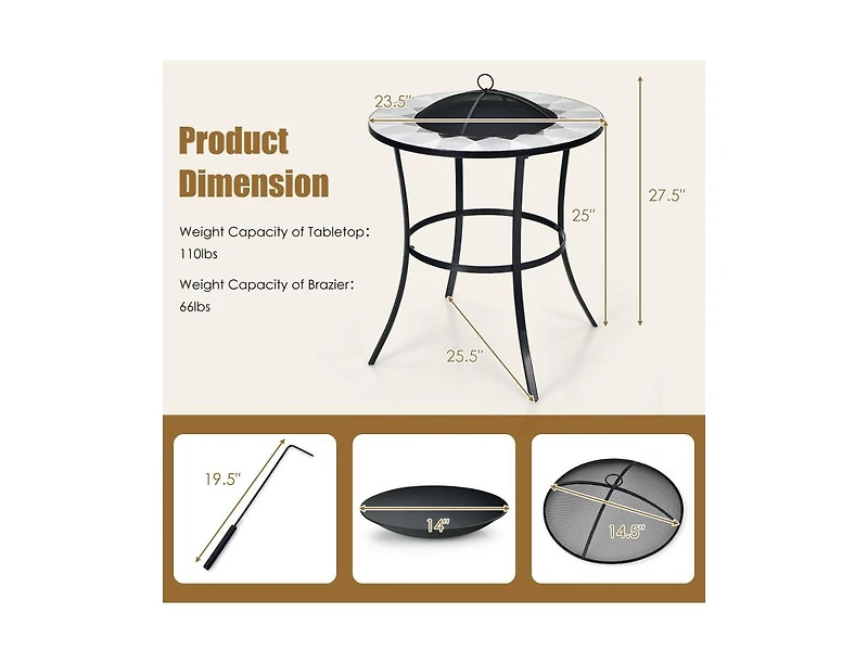 Round Fire Pit Table with Mesh Cover and Fire Poker