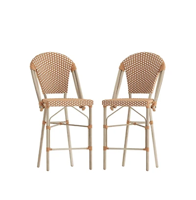 Celia Set Of Two Indoor/Outdoor Stacking Bistro Counter Stools With White And Gray Patterned Seats Backs & Bamboo Finished Metal Frames