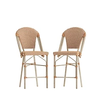 Celia Set Of Two Indoor/Outdoor Stacking Bistro Counter Stools With White And Gray Patterned Seats Backs & Bamboo Finished Metal Frames