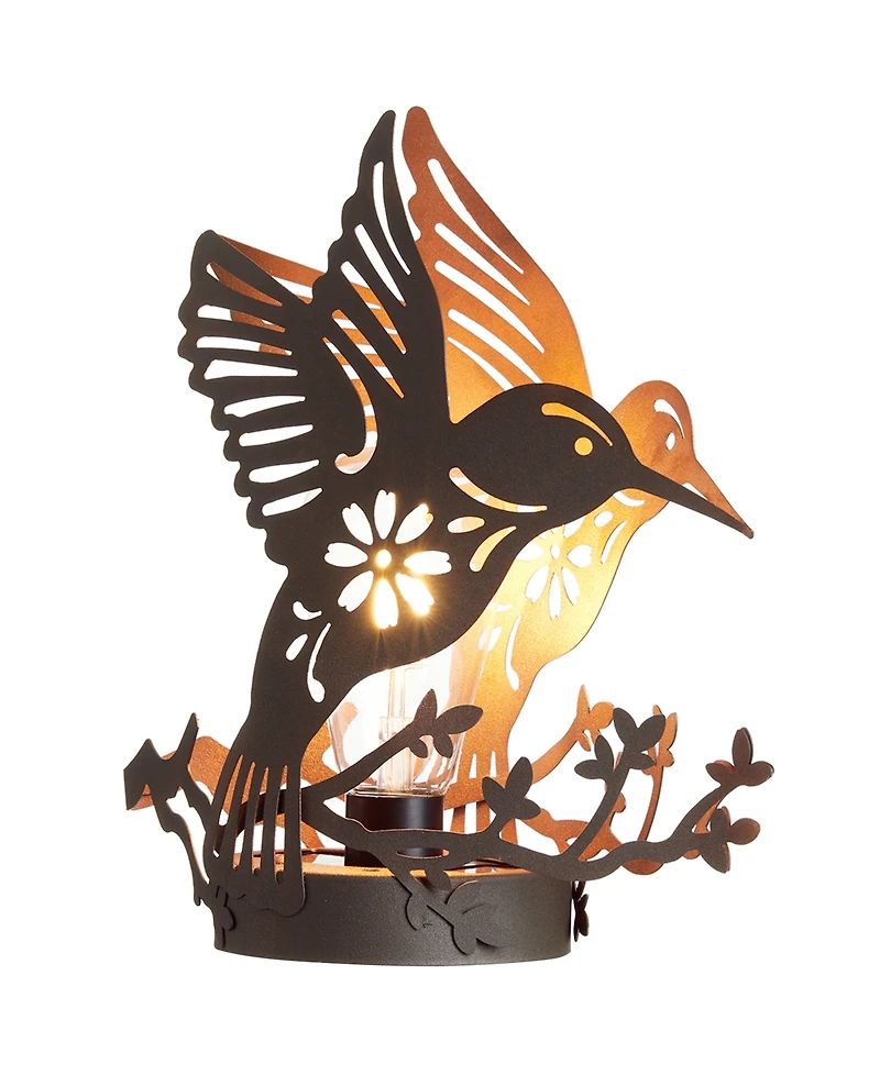 Glitzhome 9.75" H Black and Gold-Tone Metal Cutout Flying Hummingbird Silhouette Solar Powered Edison Bulb Outdoor Lantern