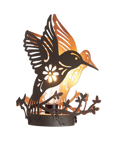 Glitzhome 9.75" H Black and Gold-Tone Metal Cutout Flying Hummingbird Silhouette Solar Powered Edison Bulb Outdoor Lantern