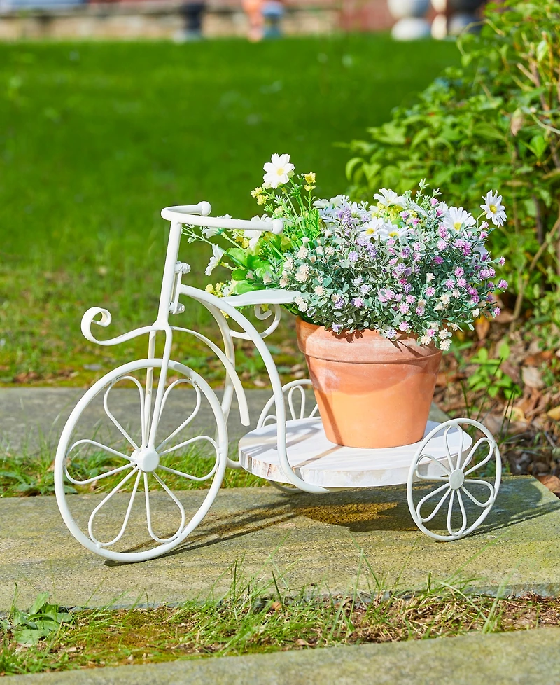 Glitzhome 18" L Washed Solid Wood and Metal Tricycle Planter Stand