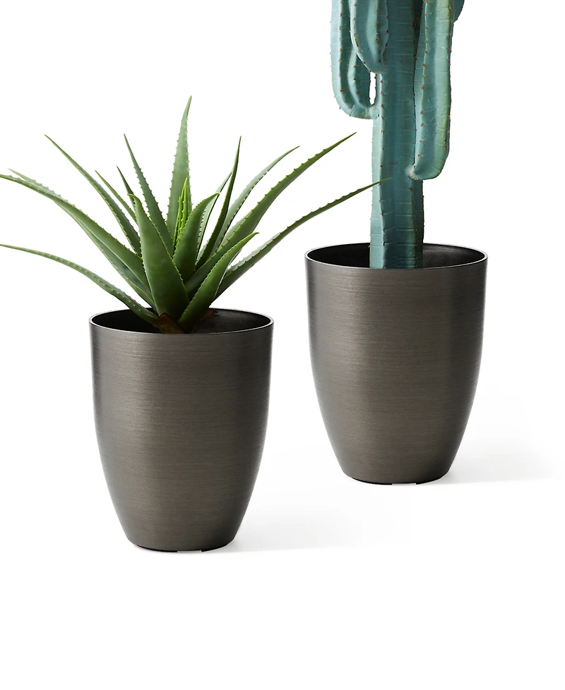 Glitzhome 16.75" H Set of 2 Black Resin and Stone Faux Brushed Steel Texture Tall Planter