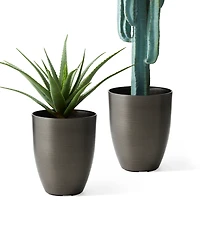 Glitzhome 16.75" H Set of 2 Black Resin and Stone Faux Brushed Steel Texture Tall Planter