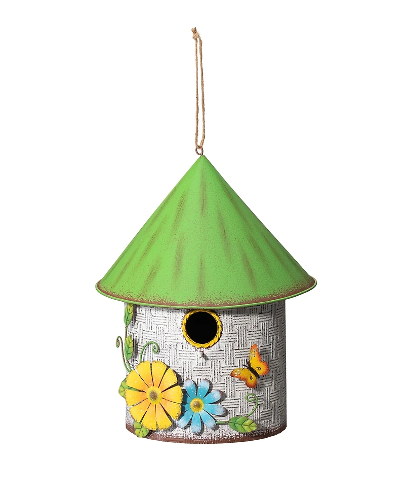 Glitzhome 11" H Stylish Distressed Metal Cottage Decorative Birdhouse with a Cluster of 3D Flowers and Butterfly
