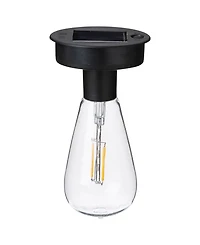 Glitzhome 11.50" H Set of 2 Black Metal Stripes Solar Powered Edison Bulb Outdoor Lantern with Stand