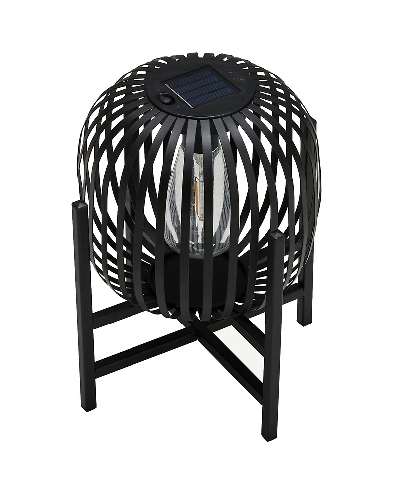 Glitzhome 11.50" H Set of 2 Black Metal Stripes Solar Powered Edison Bulb Outdoor Lantern with Stand