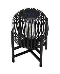 Glitzhome 11.50" H Set of 2 Black Metal Stripes Solar Powered Edison Bulb Outdoor Lantern with Stand