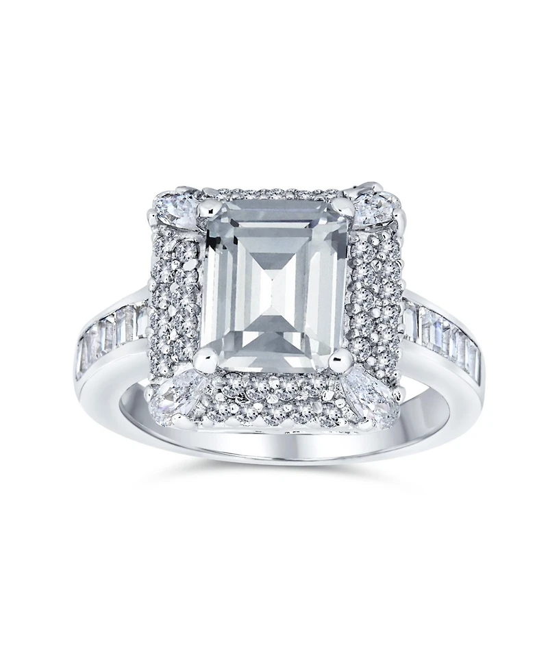 Bling Jewelry Classic 4CTW Cubic Zirconia Rectangle Halo Cz Emerald Cut Promise Ring Sterling Silver Pave Band