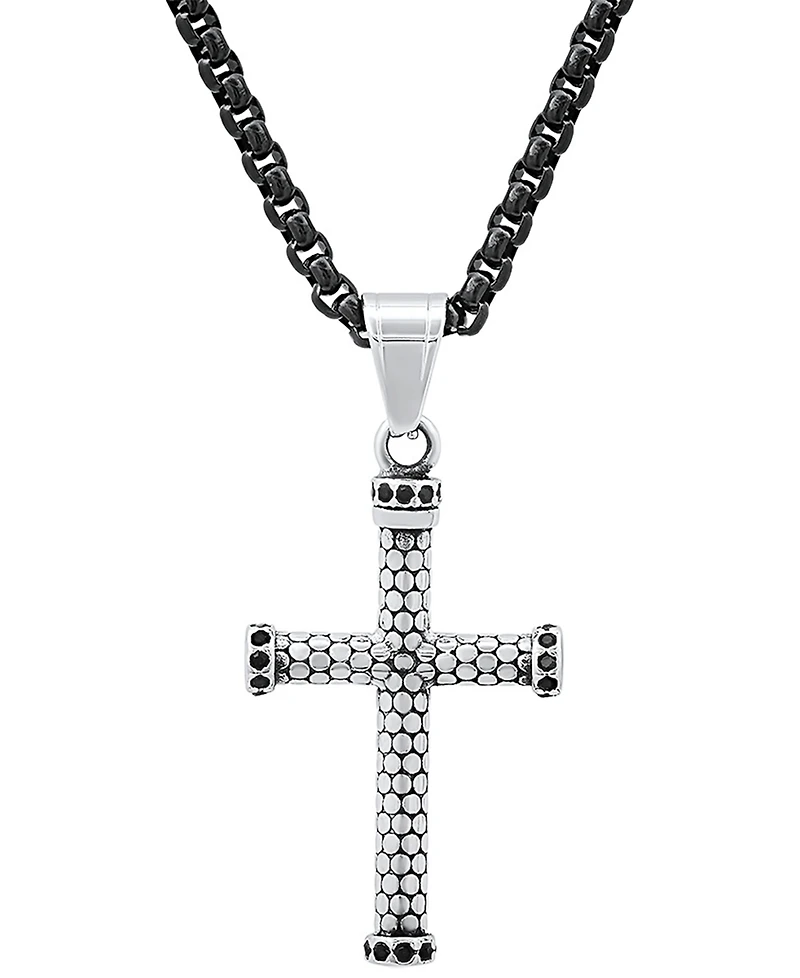Steeltime Men's Two-Tone Stainless Steel Simulated Black Diamond Cross 24" Pendant Necklace