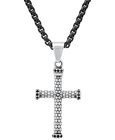 Steeltime Men's Two-Tone Stainless Steel Simulated Black Diamond Cross 24" Pendant Necklace