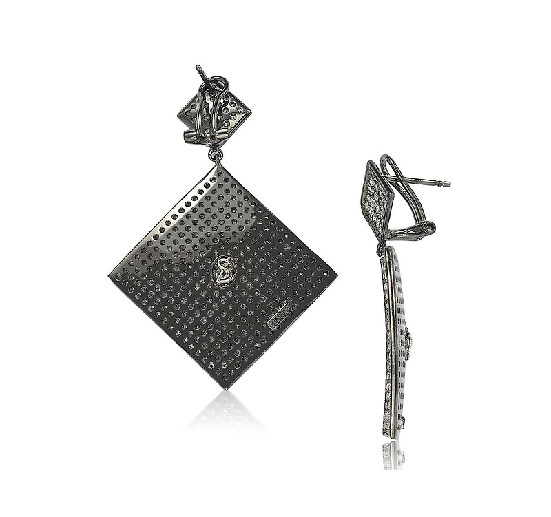 Suzy Levian Sterling Silver Cubic Zirconia Pave Flat Diamond-Shape Disk Dangle Earrings