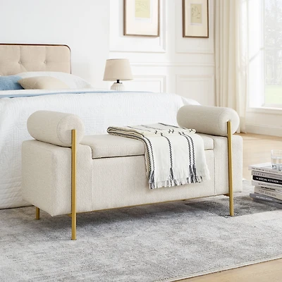 Streamdale Beige Linen Storage Bench with Iron Legs