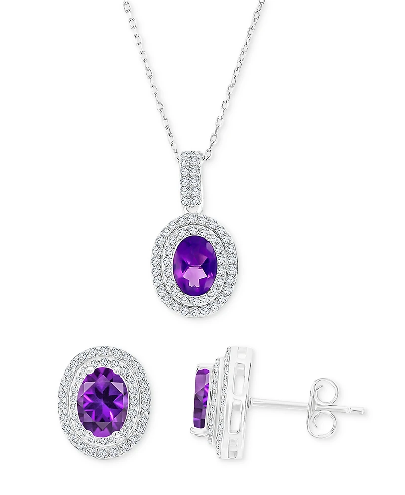 2-Pc. Set Amethyst (2-3/8 ct. t.w.) & Lab-Grown White Sapphire (1-1/10 ct. t.w.) Oval Halo Pendant Necklace & Matching Stud Earrings in Sterling Silve