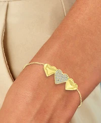 Cubic Zirconia Pave & Polished Triple Heart Chain Link Bolo Bracelet