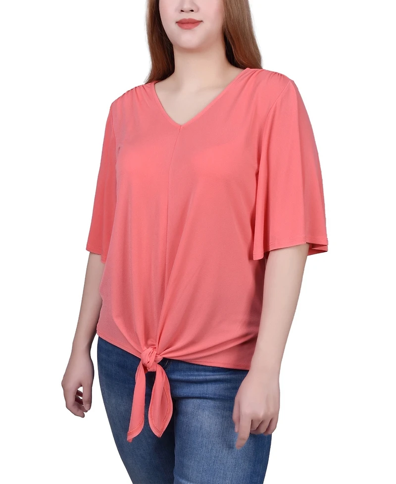 Ny Collection Petite Elbow Sleeve Tie-Front Top